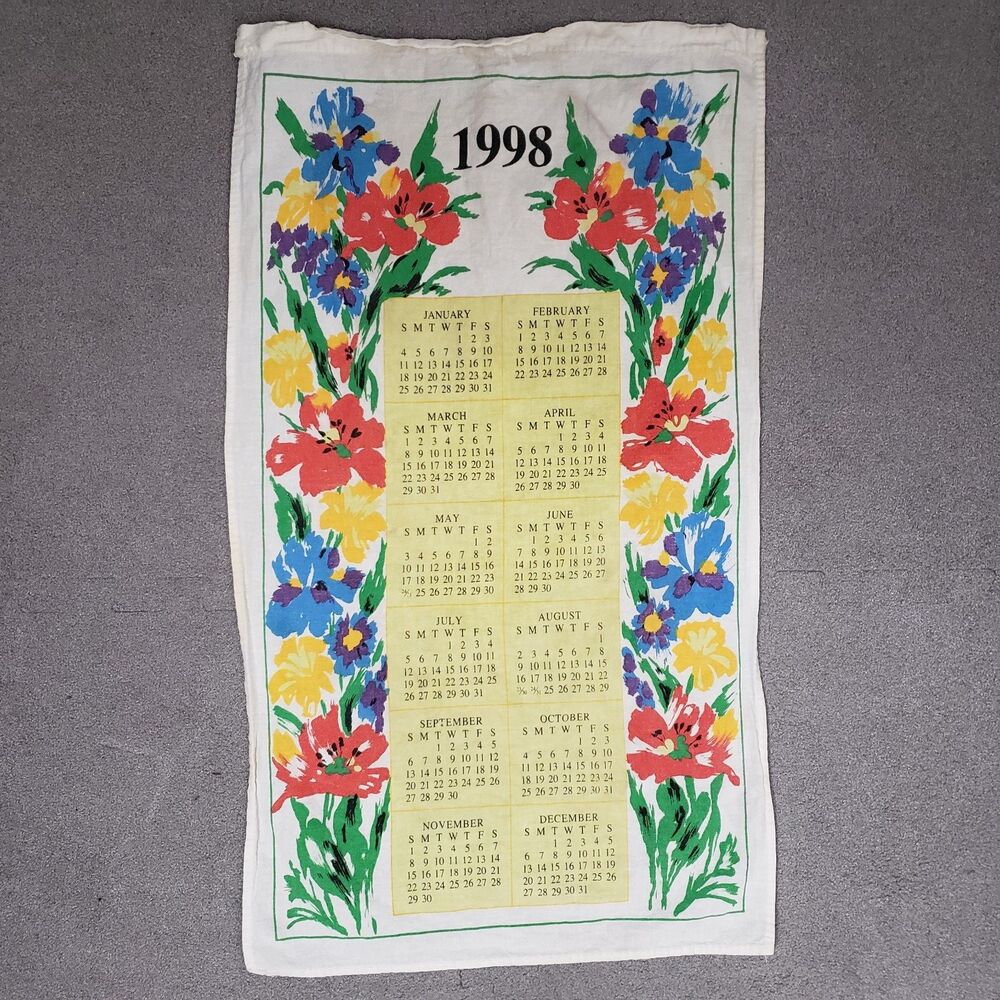 Vintage 1998 Linen Calendar Tea Towel Bright Flowers Spring Summer